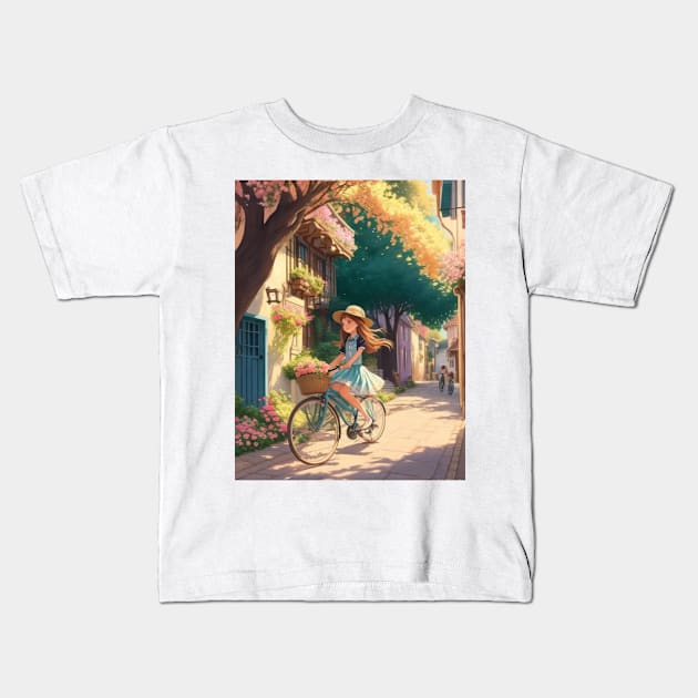 A cute girl explores a lively street on her bicycle. Kids T-Shirt by MeriemBz